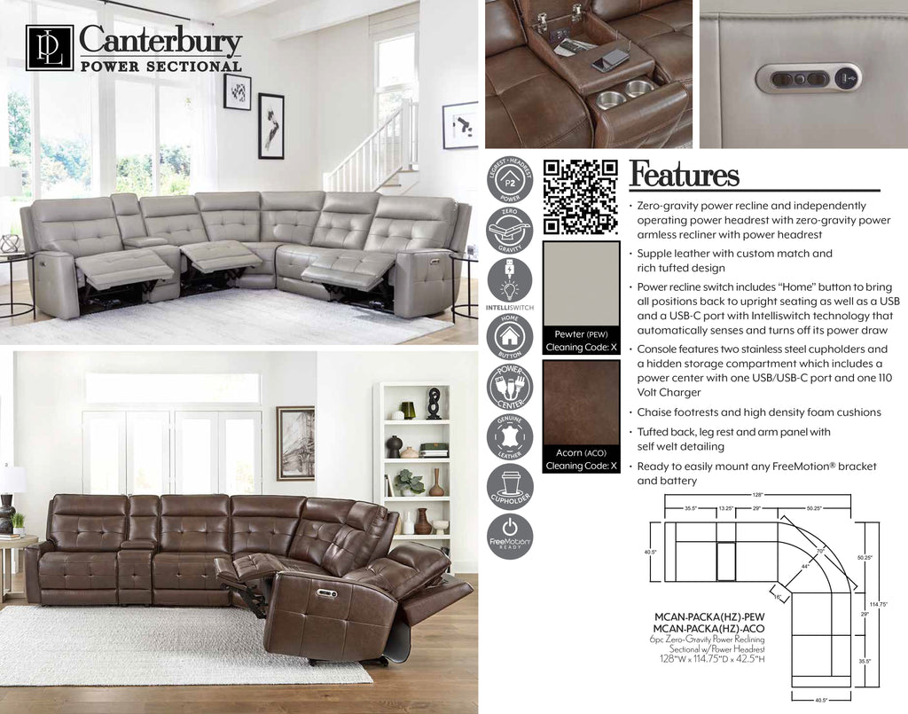 CANTERBURY - PEWTER 6pc Zero Gravity Modular Power Reclining