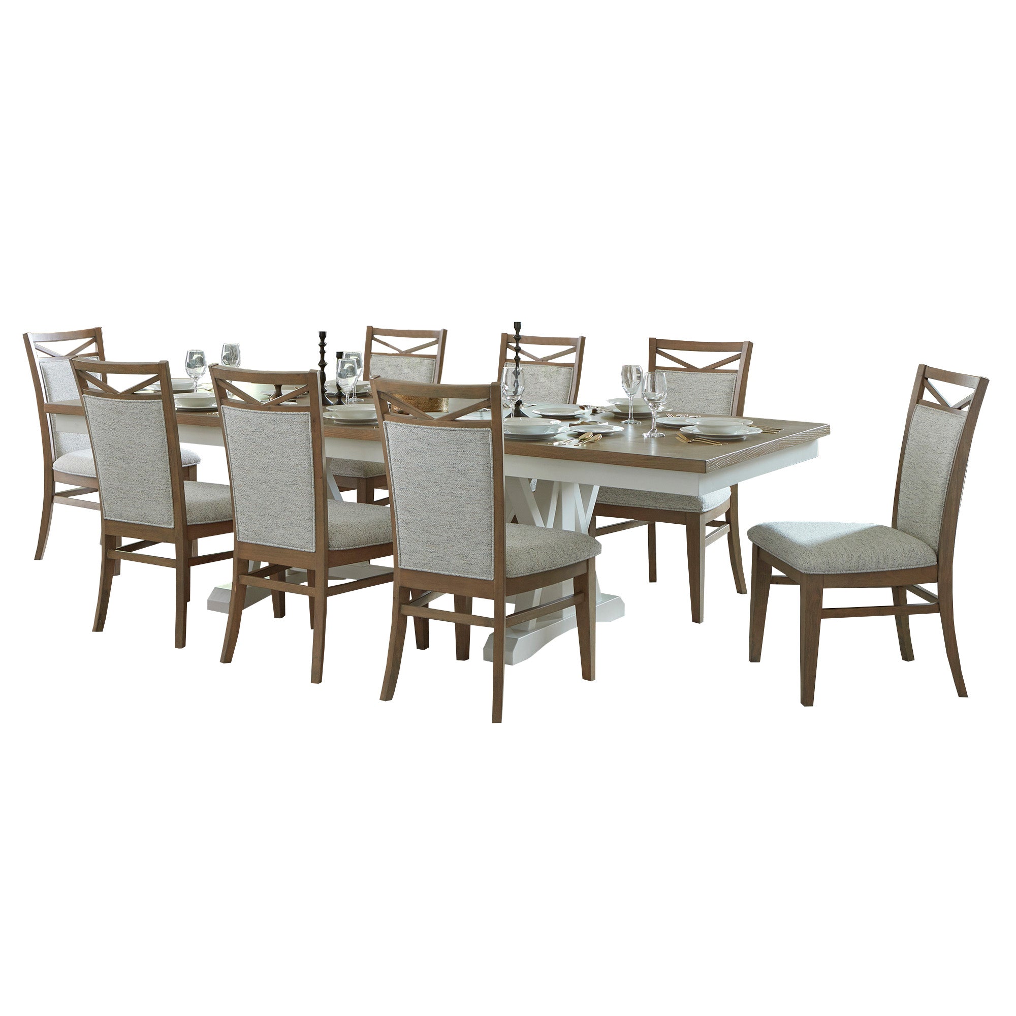 AMERICANA MODERN DINING 88-112" 2 Piece Trestle Table with 24" Butterfly Leaf & 8 Upholstered Chairs