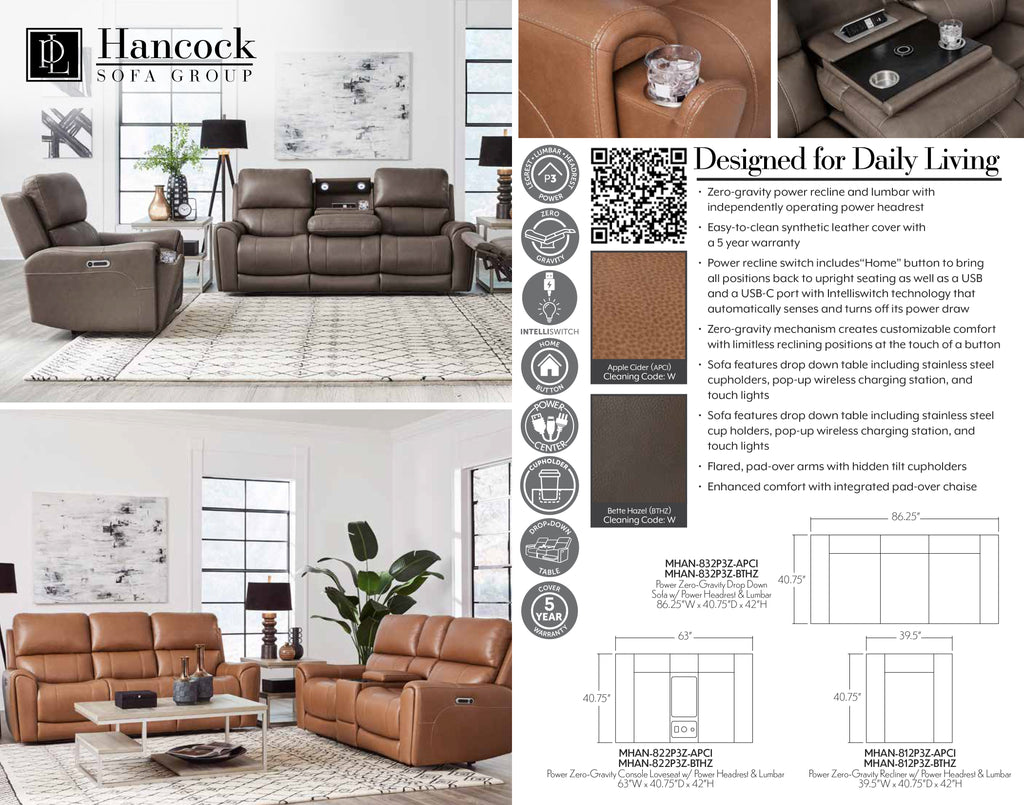 HANCOCK - BETTE HAZEL Power Zero Gravity Drop Down Table Sofa