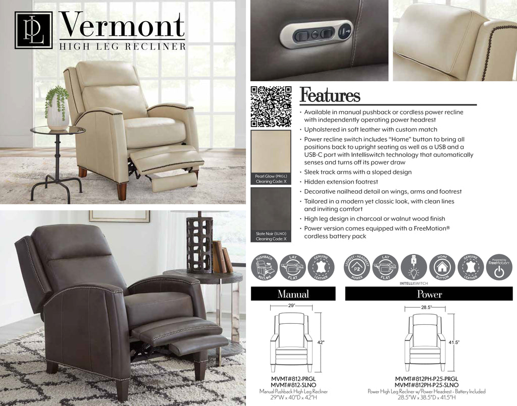 VERMONT - SLATE NOIRE Power High Leg Recliner with Power Headrest