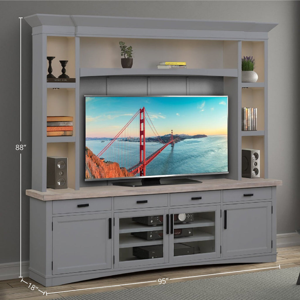 AMERICANA MODERN - DOVE 92 in. TV Console with Hutch, Backpanel and LED  Lights