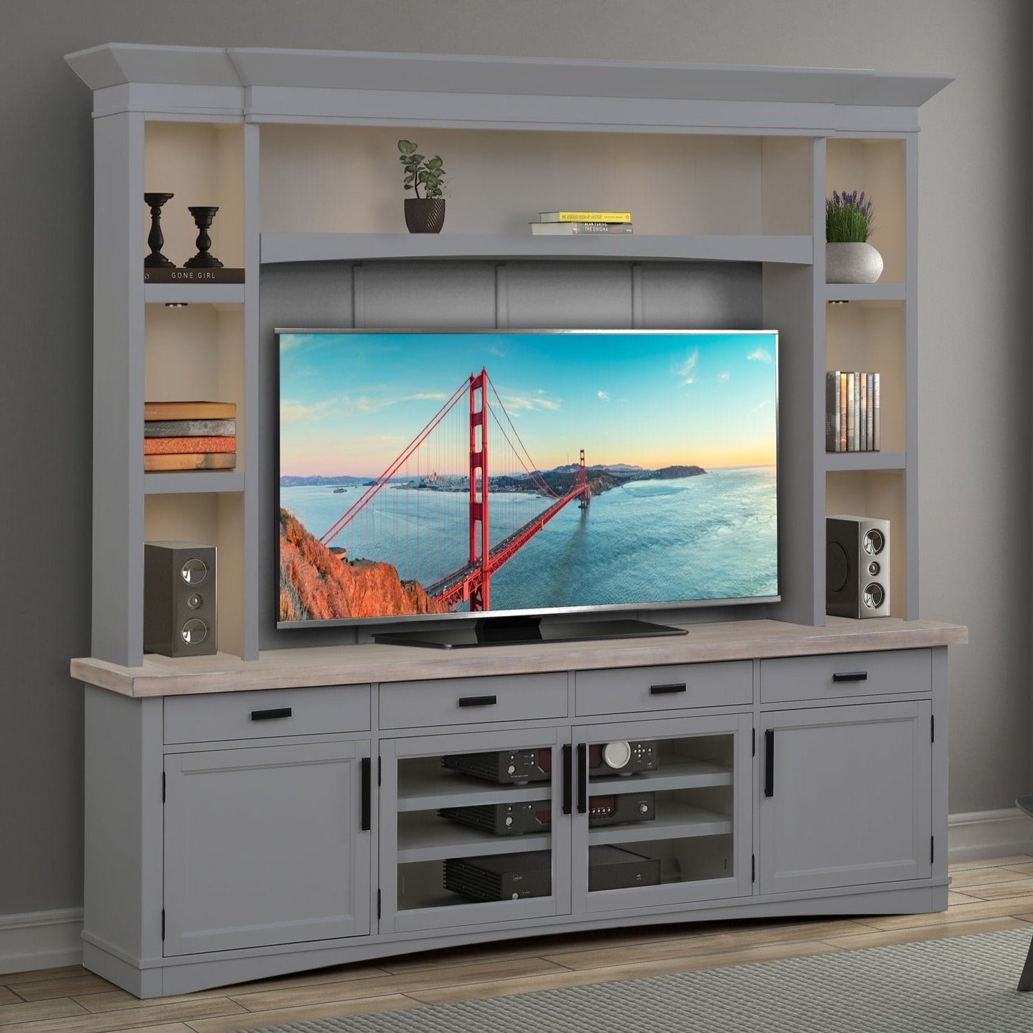 AMERICANA MODERN - DOVE 92 in. TV Console with Hutch, Backpanel and LE -  Parker House Furniture