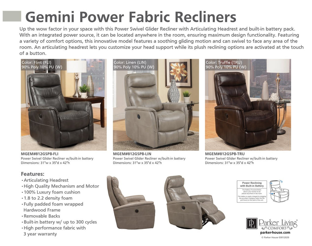 GEMINI - TRUFFLE Power Swivel Glider Recliner - Parker House Furniture